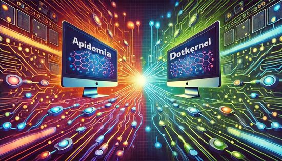 Apidemia and Dotkernel logos on two monitors facing each other over a circuit board background